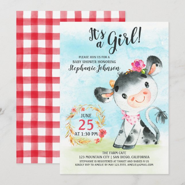 Watercolor Girl Vache Baby shower ferme Invitation (Devant / Derrière)
