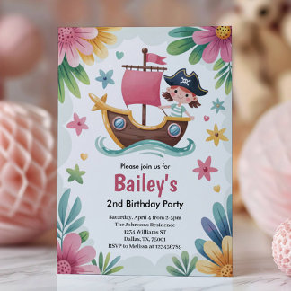 Watercolor Girls Pirate 2nd Birthday Party Einladung
