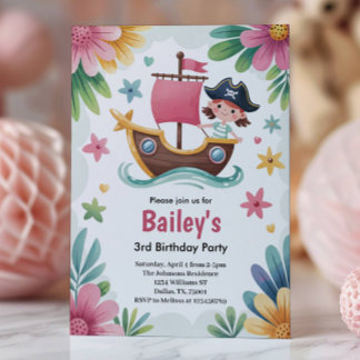 Watercolor Girls Pirate 3rd Birthday Party Einladung