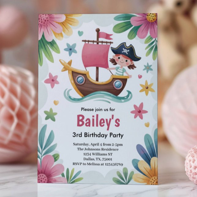 Watercolor Girls Pirate 3rd Birthday Party Einladung (Von Creator hochgeladen)