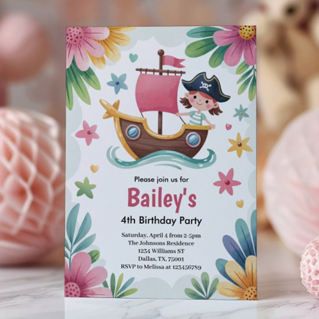 Watercolor Girls Pirate 4th Birthday Party Einladung (Von Creator hochgeladen)