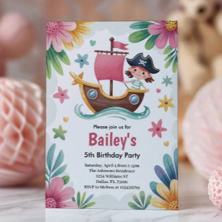 Watercolor Girls Pirate 5th Birthday Party Einladung