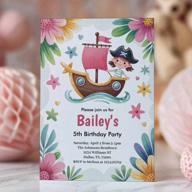 Watercolor Girls Pirate 5th Birthday Party Einladung (Von Creator hochgeladen)