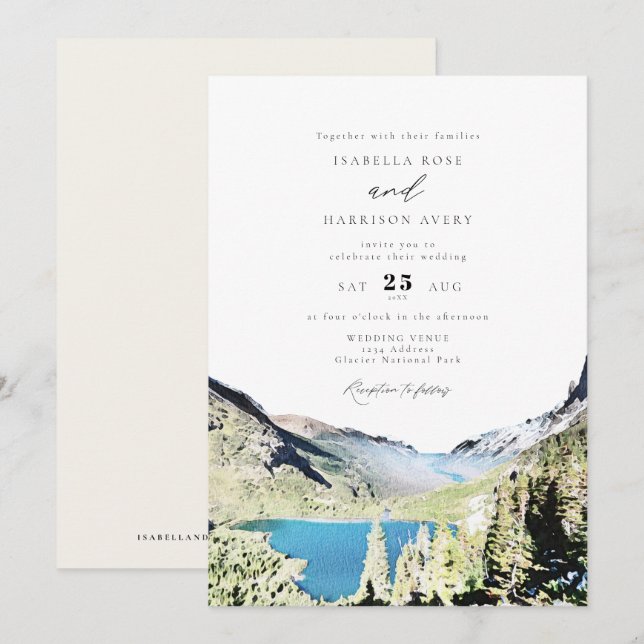 Watercolor Glacier Nationalpark Hochzeit im Freien Einladung (Vorne/Hinten)