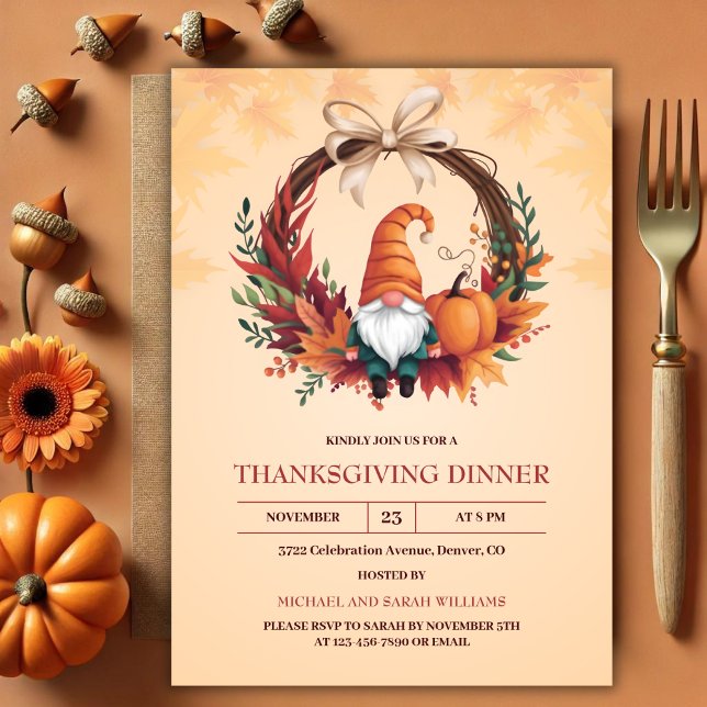 Watercolor Gnome Fall Wreath Erntedank Dinner Einladung (Watercolor Gnome Fall Wreath Thanksgiving Dinner Invitation)
