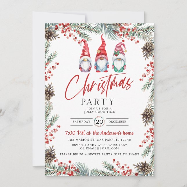 Watercolor Gnome Holly Berry Weihnachts-Party Einladung (Vorderseite)