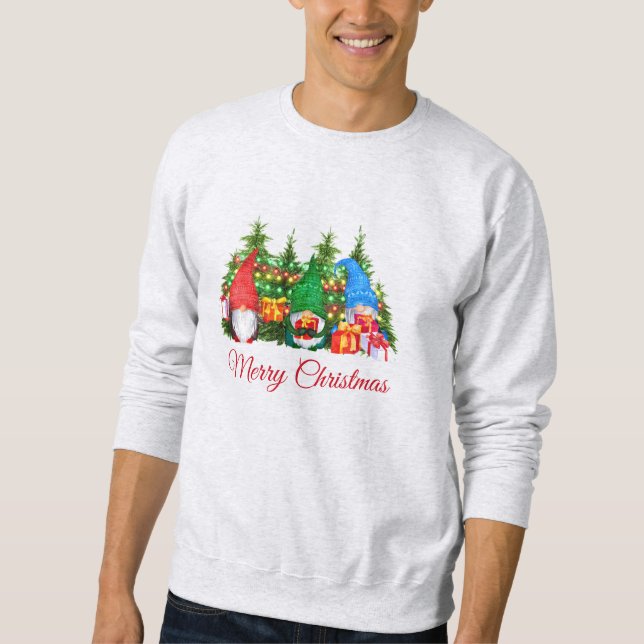Watercolor Gnomes Red Merry Christmas Gray Sweatshirt (Vorderseite)