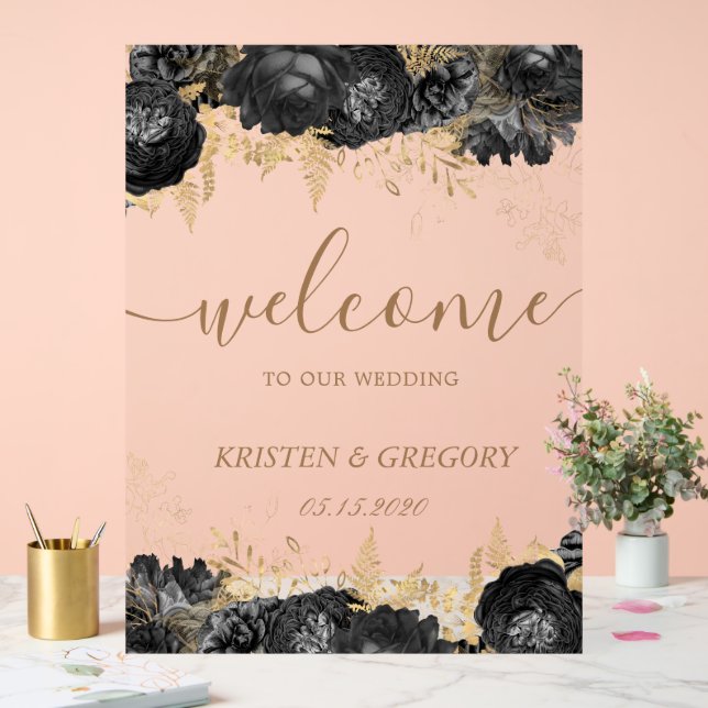 Watercolor Gold Black Rose Hochzeitsempfang Acrylschild (Hochzeit)