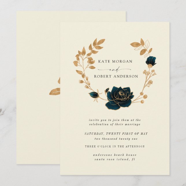Watercolor Gold Blumenstrauß Einladung zur Hochzei (Vorne/Hinten)