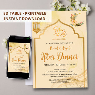 Watercolor Gold Bogen und floraler Halbmond Iftar Einladung