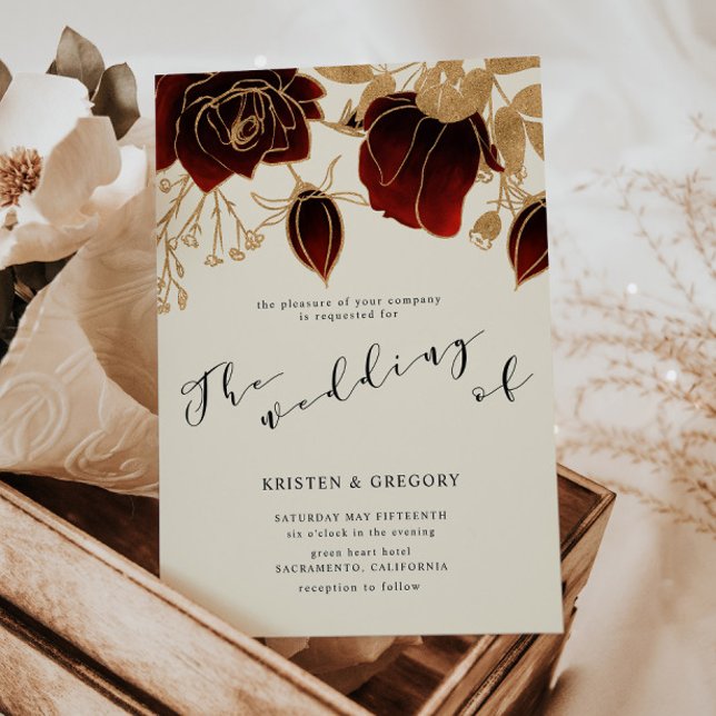 Watercolor Gold Burgund Rose Hochzeit Einladung (Von Creator hochgeladen)