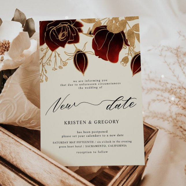 Watercolor Gold Burgund Rose Hochzeit verschoben Einladung (Von Creator hochgeladen)