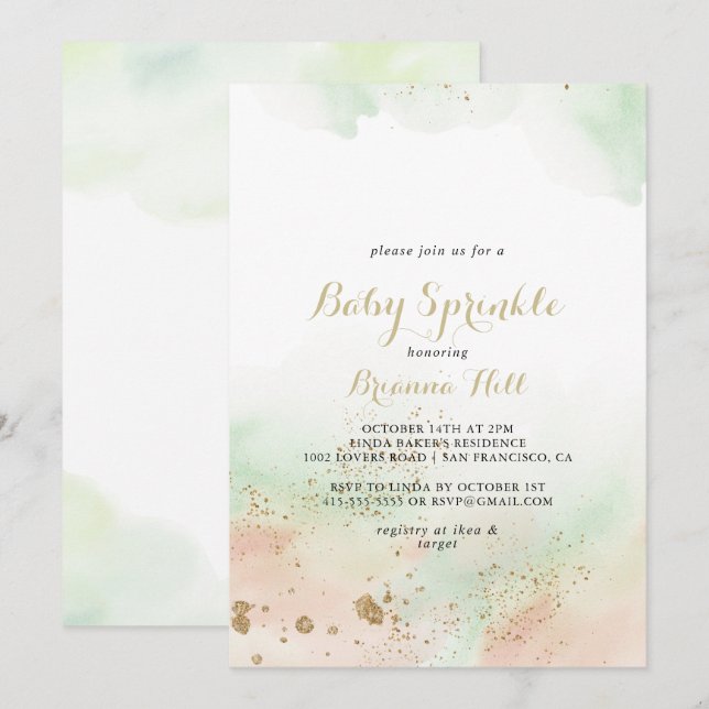 Watercolor Gold Confetti Baby Sprinkle Einladung (Vorne/Hinten)
