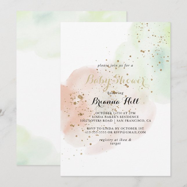 Watercolor Gold Confetti Babydusche Einladung (Vorne/Hinten)