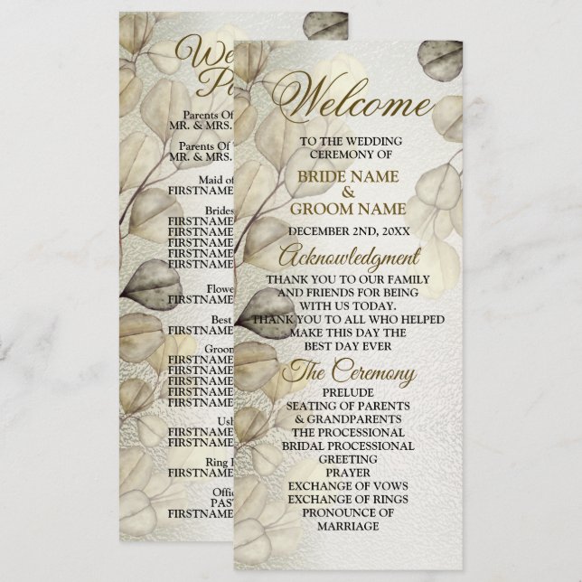 Watercolor Gold Eucalyptus Foliage Wedding Shiny Programm (Vorne/Hinten)