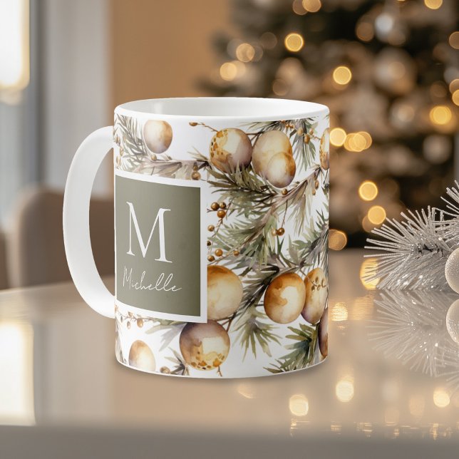 Watercolor Gold Folies Weihnachtsmonogramm Kaffeetasse (Von Creator hochgeladen)