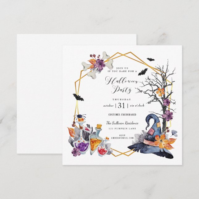Watercolor Gold Frame Halloween Party Invitation (Devant / Derrière)