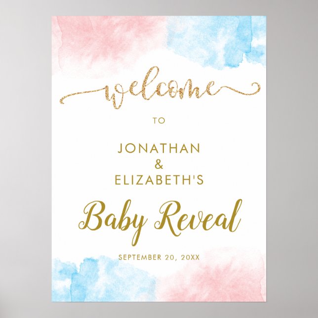 Watercolor Gold Glitzer Gender Reveve Willkommen Poster (Vorne)