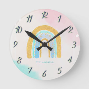 Watercolor Gold Glitzer Rainbow Runde Wanduhr