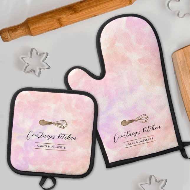 Watercolor Gold Glitzer Whisk Bäckerei Koch Niedli Ofenhandschuh & Topflappen-Set (Feminine watercolor and gold glitter whisk branded oven mitt and pot holder design with your name)