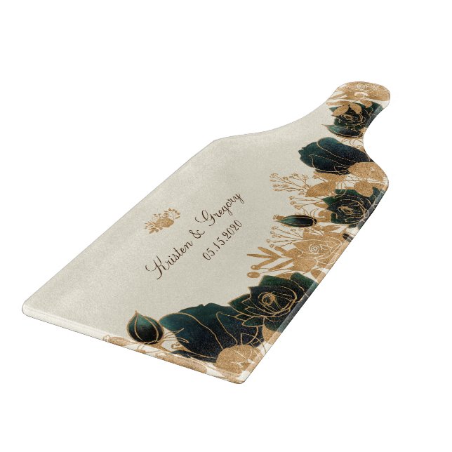 Watercolor Gold Green Rose Elegante Hochzeit Schneidebrett (Ecke)