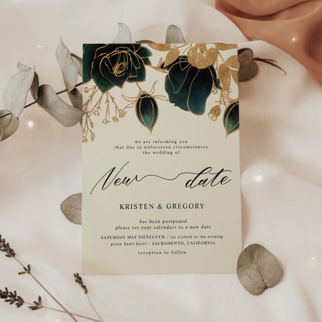 Watercolor Gold Green Rose verschoben Hochzeit Einladung (Von Creator hochgeladen)