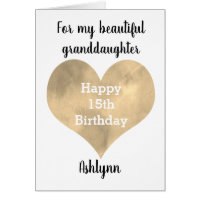 Watercolor Gold Heart 15th Birthday Granddaughter