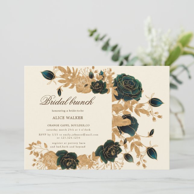 Watercolor Gold Rose Bridal Brunch Einladung (Stehend Vorderseite)