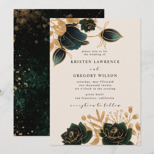 Watercolor Gold Rose Hochzeitsfeiern Einladung (Vorne/Hinten)