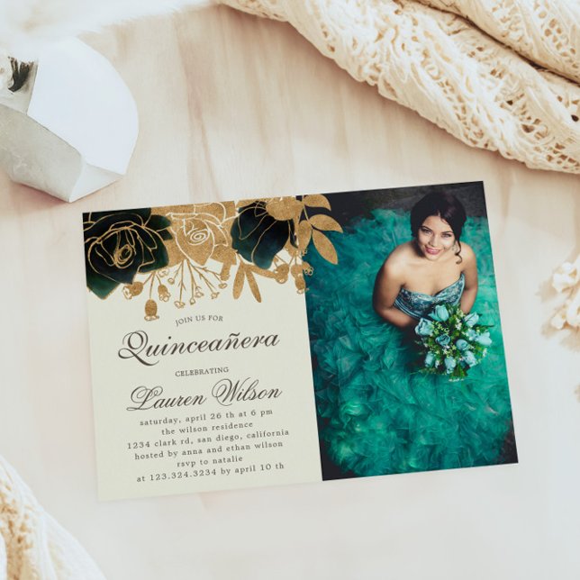 Watercolor Gold Roses Quinceanera Photo Invitation (Créateur téléchargé)