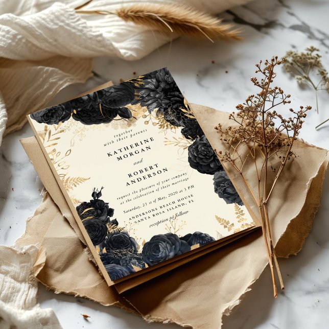 Watercolor Gold schwarze Rose Hochzeit Einladung (Von Creator hochgeladen)