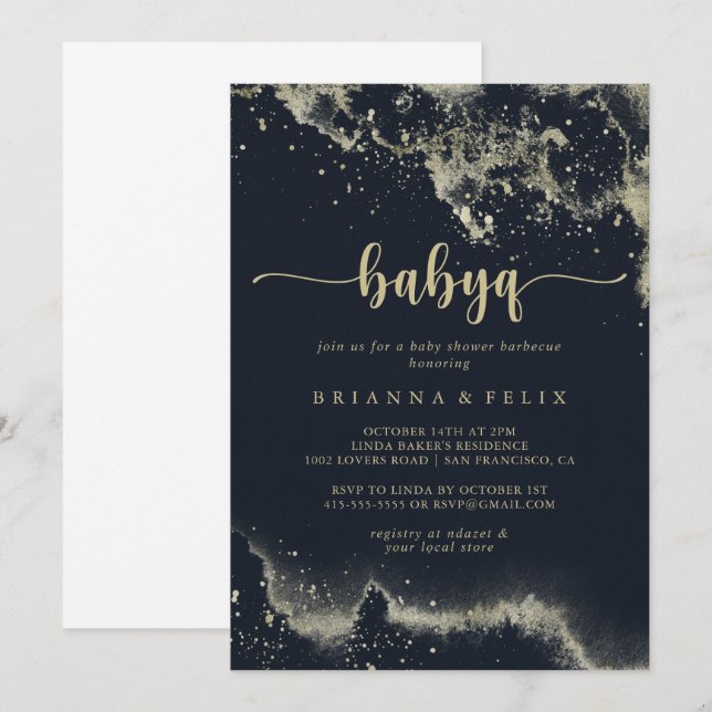 Watercolor Gold Splash BabyQ Baby Showgrill Einladung (Vorne/Hinten)