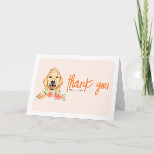 Watercolor Golden Retriever Peach Flowers Birthday Dankeskarte (Vorderseite)