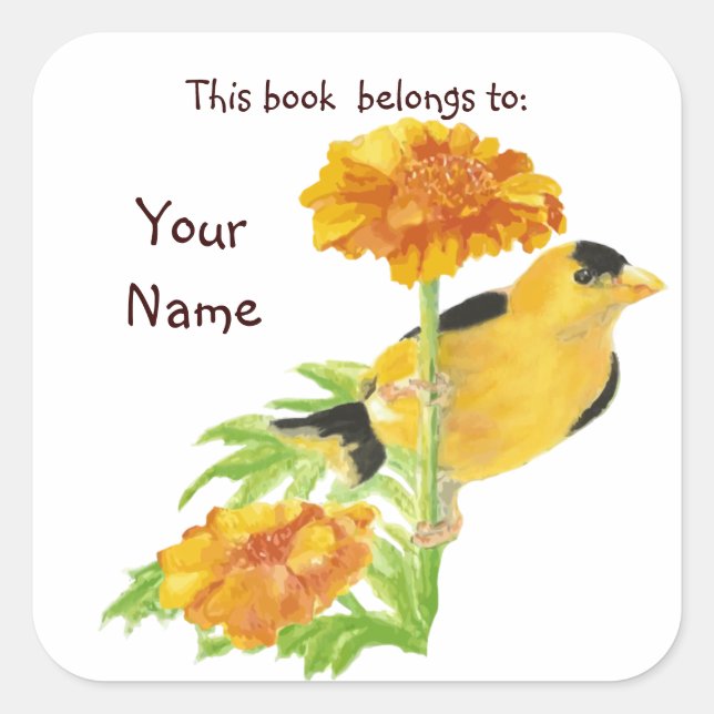 Watercolor Goldfinch Bird Marigold Buchzeichen Quadratischer Aufkleber (Vorderseite)