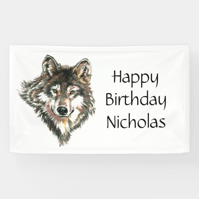Watercolor Graue Wolf Logo Individuelle Name Wölfe Banner (Horizontal)