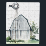 Watercolor Gray Barn Puzzle<br><div class="desc">Aquarellmauer I von Jennifer Paxton Parker. Die weiße Scheune mit Grünpflanzen und einer kleinen Mühle in Grauweiß.</div>