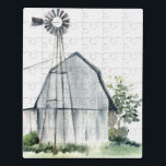 Watercolor Gray Barn Puzzle<br><div class="desc">Aquarellmauer I von Jennifer Paxton Parker. Die weiße Scheune mit Grünpflanzen und einer kleinen Mühle in Grauweiß.</div>