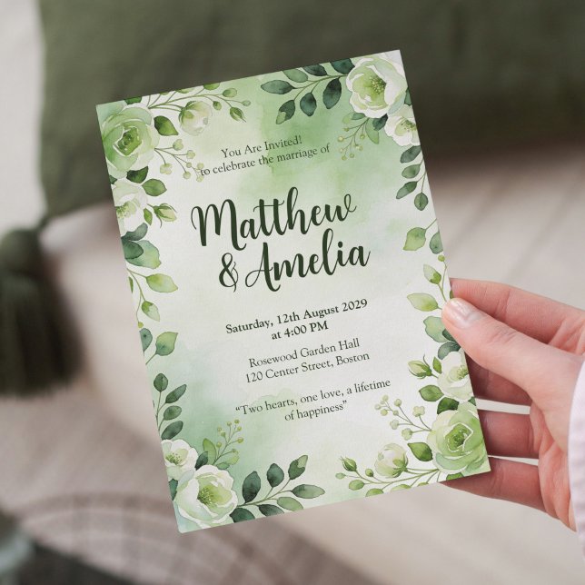 Watercolor Green Floral Wedding Invitation (Créateur téléchargé)
