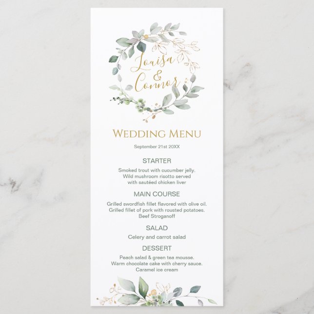 Watercolor Green Foliage Menu Mariage (Devant)