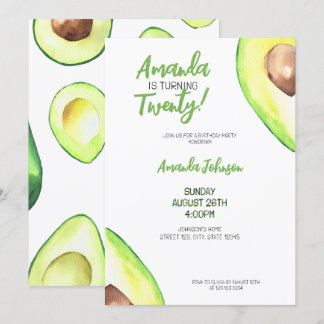 Watercolor Green Girly Avocado Geburtstag Einladung