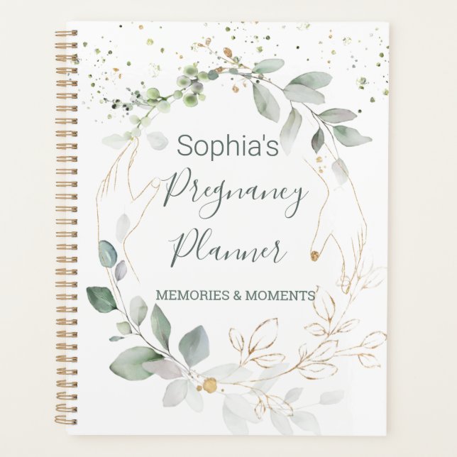 Watercolor Green Gold Foliage Pregnancy Planner Planer (Vorderseite)