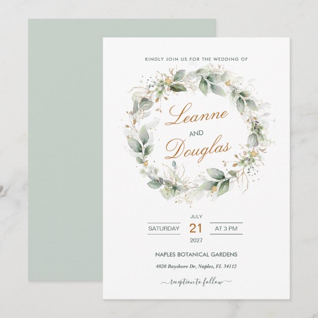 Watercolor green & gold foliage Wraath Wedding Einladung (Vorne/Hinten)