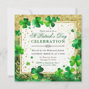 Watercolor Green & Gold Kleeblatt St Patrick's Day Einladung