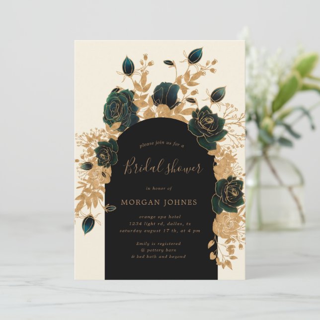 Watercolor Green Gold Rose Brautparty laden Einladung (Stehend Vorderseite)