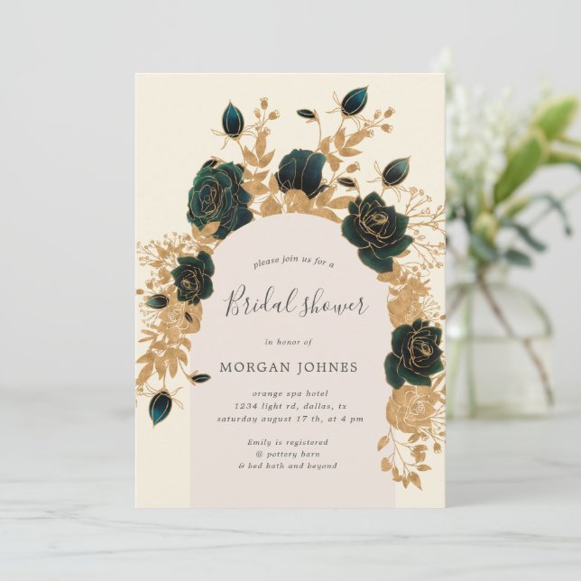 Watercolor Green Gold Rose Brautparty laden Einladung (Stehend Vorderseite)