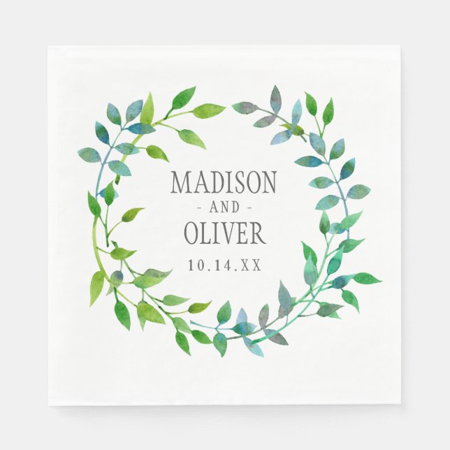 Watercolor Green Leaaf Wreath | Hochzeit Serviette (Vorderseite)