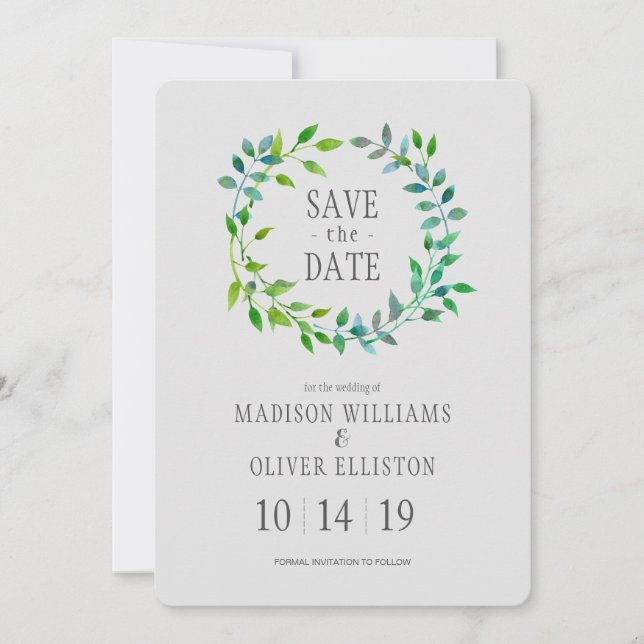 Watercolor Green Leaaf Wreath | Save The Date (Vorderseite)