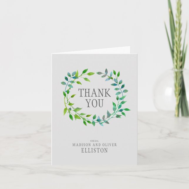 Watercolor Green Leaaf Wreath | Vielen Dank Dankeskarte (Vorderseite)