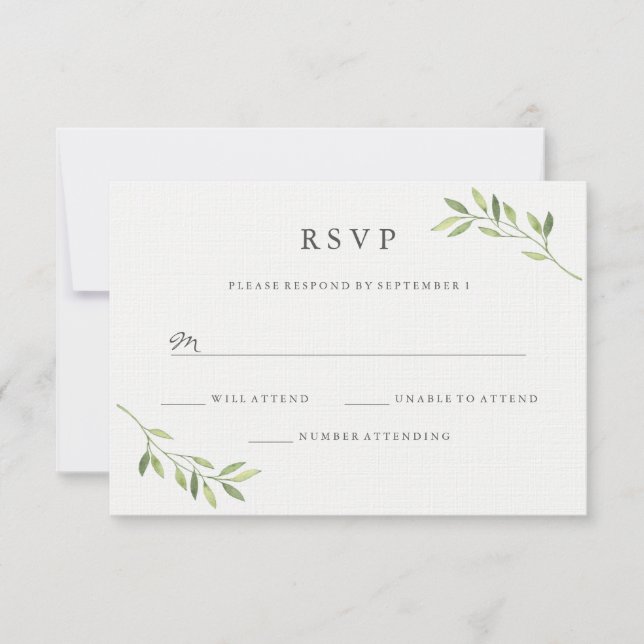 Watercolor Green Leaf Wedding RSVP Karte (Vorderseite)