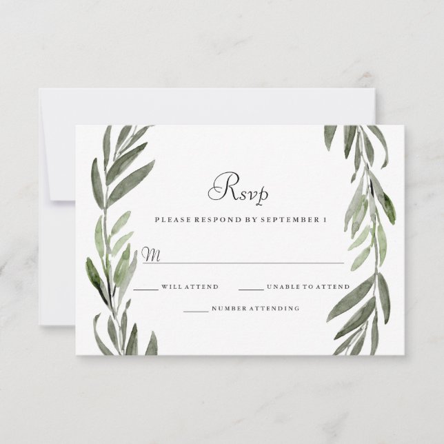 Watercolor Green Leaf Wreath Wedding RSVP (Vorderseite)